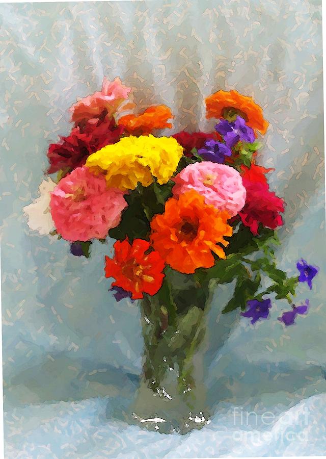 Zinnias and Waterford Digital Art by Denise Dempsey Kane