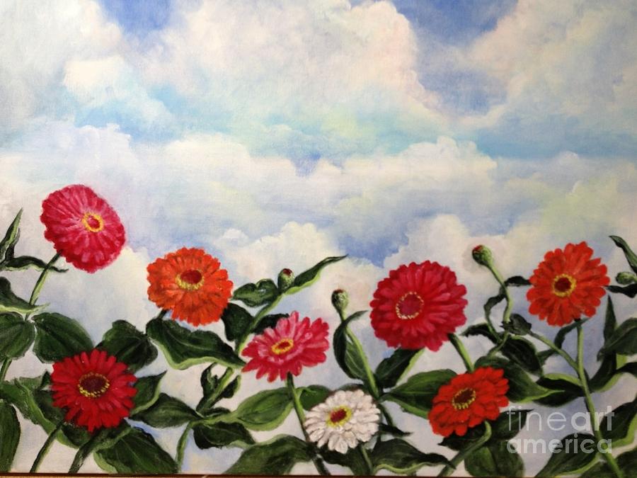 Zinnias in the Clouds Painting by Rand Burns