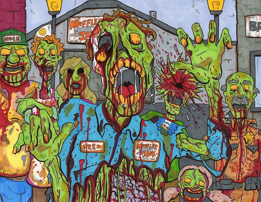 Zombie Drawing - Zombie Main Street by Anthony Snyder