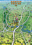 Austin Texas Cartoon Map #1 Painting by Kevin Middleton