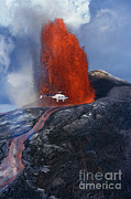 Helicopter And Lava Fountain At Kilauea #1 Photograph by Douglas Peebles