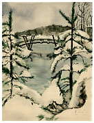 Winter Footbridge in Reston #2 Drawing by Kenneth Stock