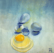 3 Eggs on Blue Painting by Katherine Miller