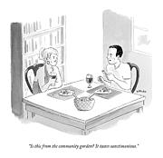 A Couple Eats Dinner Drawing by Emily Flake