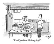 A Man Talks To A Woman Who's Just Done Laundry Drawing by Robert Leighton