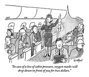 A Stewardess Is Holding Up An Oxygen Mask Drawing by Robert Leighton