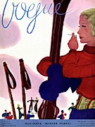 A Vogue Cover Of A Woman Holding Skis Smoking Photograph by Jean Pages