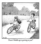 A Woman Casually Riding A Bicycle Addresses A Man Drawing by Harry Bliss