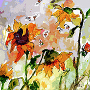 Abstract Sunflowers and Bees Provence Painting by Ginette Callaway