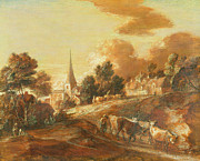An Imaginary Wooded Village with Drovers and Cattle Painting by Thomas Gainsborough