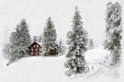 Aquarell - Beautiful winter landscape with trees and house Digital Art by Matthias Hauser