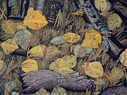 Aspen leaves and needles Painting by Ray Nutaitis