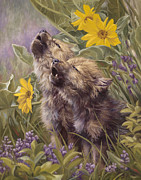 Baby Wolves Howling Painting by Lucie Bilodeau