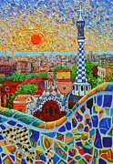 Barcelona Sunrise - Guell Park - Gaudi Tower Painting by Ana Maria Edulescu