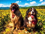 Bernese Mountain Dog and Leonberger Among Wildflowers Painting by Gary Whitton