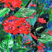 Black Tropical Butterfly on Red Flowers Painting by Ginette Callaway