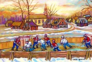 Canadian Village Scene Hockey Game Quebec Winter Landscape Outdoor Hockey Carole Spandau Painting by Carole Spandau