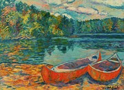 Canoes at Mountain Lake Painting by Kendall Kessler