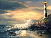 Dwindling light Cape Lookout Lighthouse North Carolina at Sunset  Painting by Gina Femrite