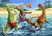 dinosaur fun playing Volleyball on a beach vacation Digital Art by Martin Davey