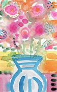 Fresh Picked Flowers in a Blue Vase- contemporary watercolor painting Painting by Linda Woods
