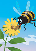 Happy cartoon bee with yellow flower Digital Art by Martin Davey