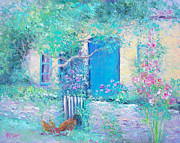 Hollyhocks cottage garden with hens Painting by Jan Matson