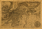Map of Kansas City Missouri Vintage Old Street Cartography on Worn Distressed Canvas Mixed Media by Design Turnpike