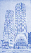 Marina City from across the river Chicago Illinois Blueprint Digital Art by MotionAge Designs
