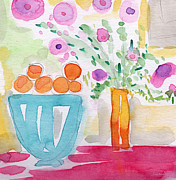 Oranges in Blue Bowl- watercolor painting Painting by Linda Woods