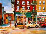 Paintings Of  Famous Montreal Places St. Viateur Bagel City Scene Painting by Carole Spandau