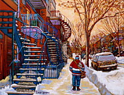 Paintings Of Montreal Beautiful Staircases In Winter Walking Home After The Game By Carole Spandau Painting by Carole Spandau