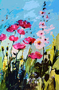 Pink Poppies Hollyhock and Bees Painting by Ginette Callaway