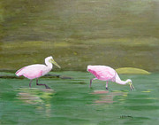 Roseate Spoonbills in Costa Rica Painting by Linda Feinberg