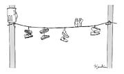 Several Pairs Of Shoes Dangle Over An Electrical Drawing by Charlie Hankin
