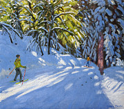 Skiing through the Woods  La Clusaz Painting by Andrew Macara