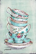 Stacked Aqua Themed Tea Cups Painting by Gail McCormack
