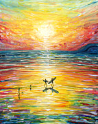 Surfing Sunset at Croyde Painting by Pete Caswell