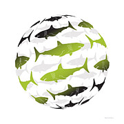Swimming Green Sharks Around the Globe Painting by Amy Kirkpatrick