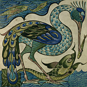 Tile design of heron and fish Painting by Walter Crane Tile design of heron and fish Painting by Walter Crane