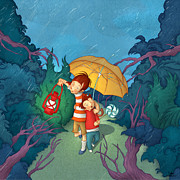Children On Nocturnal Forest Painting by Autogiro Illustration