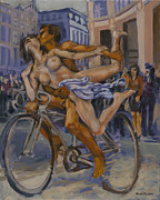 Nude cyclist acrobatic at Oxford Circus Painting by Peregrine Roskilly