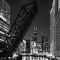 Kinzie Street railroad bridge at night in Black and White Photograph by Sebastian Musial Kinzie Street railroad bridge at night in Black and White Photograph by Sebastian Musial