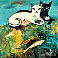 Cats with koi Painting by Shijun Munns Cats with koi Painting by Shijun Munns