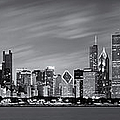 Chicago Skyline at Night Black and White Panoramic Photograph by Adam Romanowicz