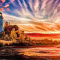 Door County Cana Island Lighthouse Sunrise Panorama Painting by Christopher Arndt