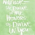 Namaste green and white Painting by Linda Woods Namaste green and white Painting by Linda Woods