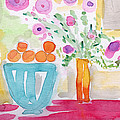 Oranges in Blue Bowl- watercolor painting Painting by Linda Woods Oranges in Blue Bowl- watercolor painting Painting by Linda Woods