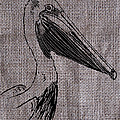 Pelican on burlap by Konni Jensen