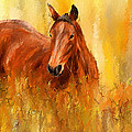 Stallion in Autumn - Bay Horse Paintings Painting by Lourry Legarde Stallion in Autumn - Bay Horse Paintings Painting by Lourry Legarde